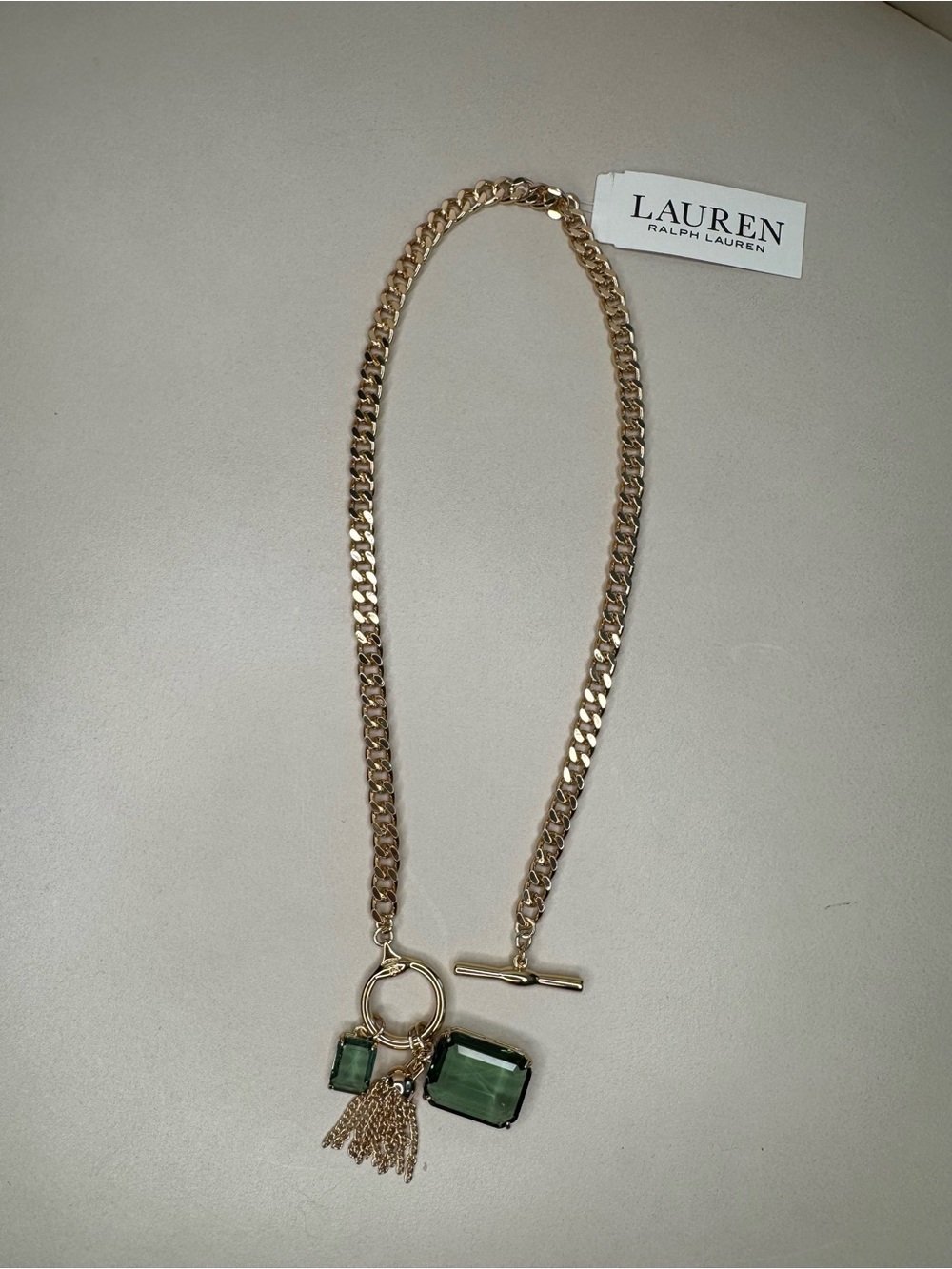 NWT Lauren Ralph Lauren Erinite Green Charm Toggle Necklace Gold Tone 17” - Picture 14 of 15